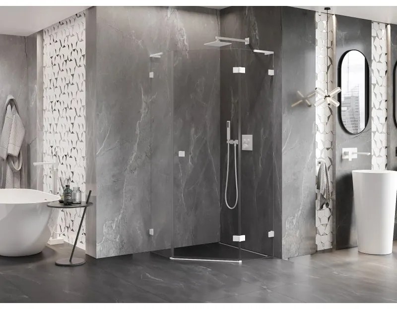 Mexen Lunar, L pravý výklopný päťuholníkový sprchový kút 100 x 100 cm, 8mm číre sklo, biely profil, 831L-100P-100L-20-00-P