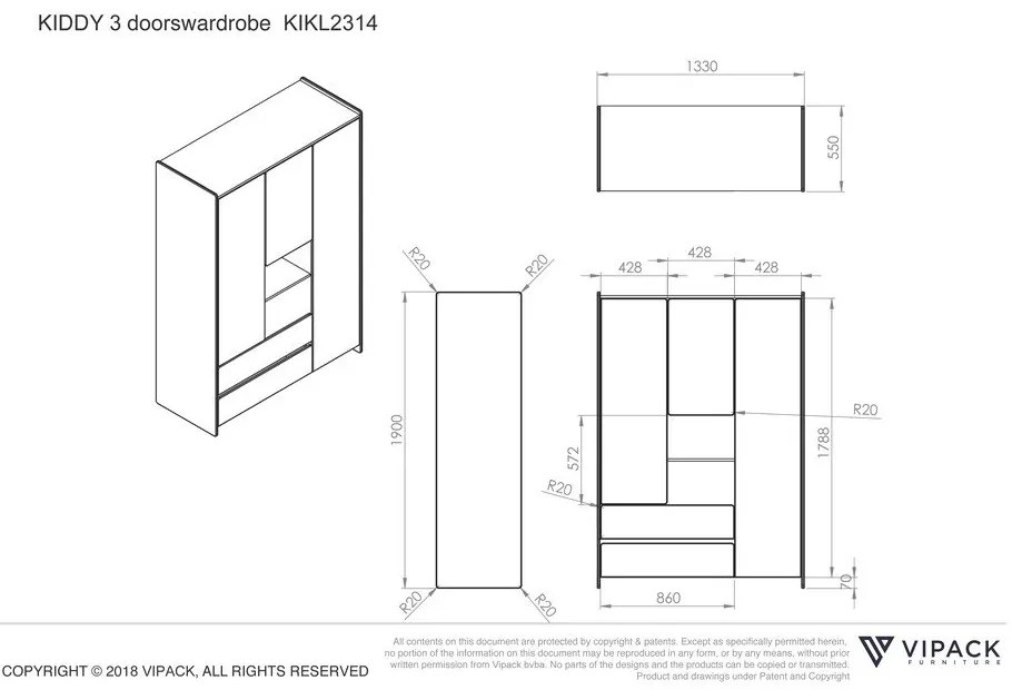 Biela detská šatníková skriňa Vipack Kiddy, 137,8 x 190 cm