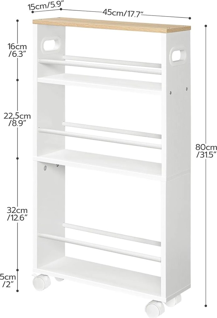 Úzky pojazdný kuchynský regál Vasagle Tonari 45 cm biely/hnedý