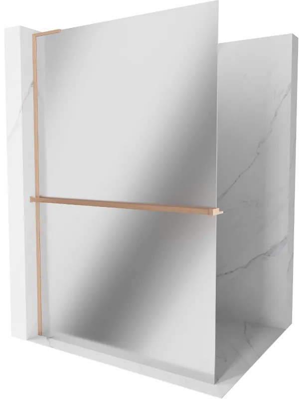 Mexen Kioto+ L, sprchová zástena Walk-In s poličkou a vešiakom 120 x 200 cm, 8mm sklo vzor zrkadlo, medený matný profil, 800-120-123-65-50