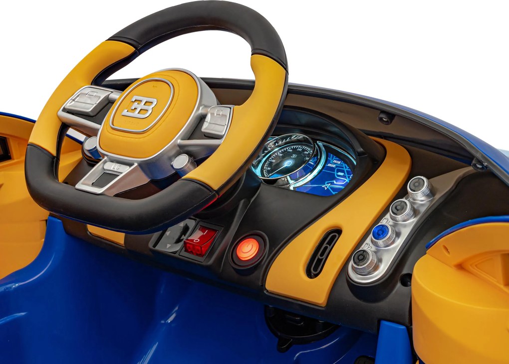 Ramiz Bugatti Chiron batérie pre deti Modrá + Diaľkové ovládanie + Nosič batožiny + EVA + Tlmiče + LED Audio
