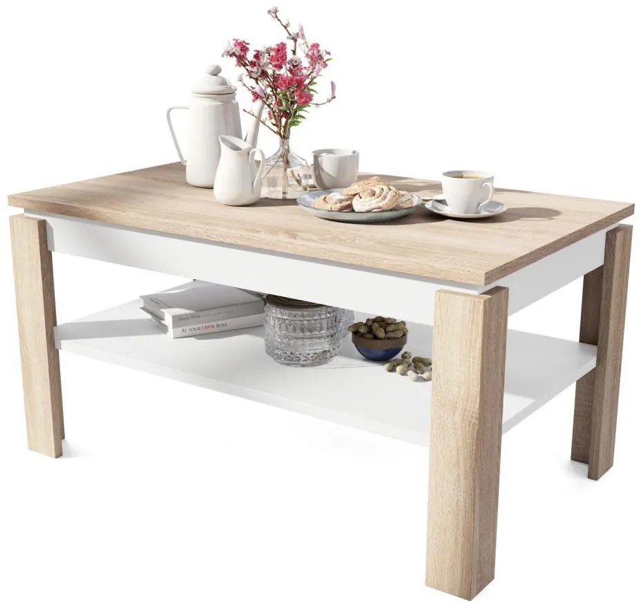 Rozkladací konferenčný stôl so zvíhacou doskou a poličkou ADEN dub sonoma/biela