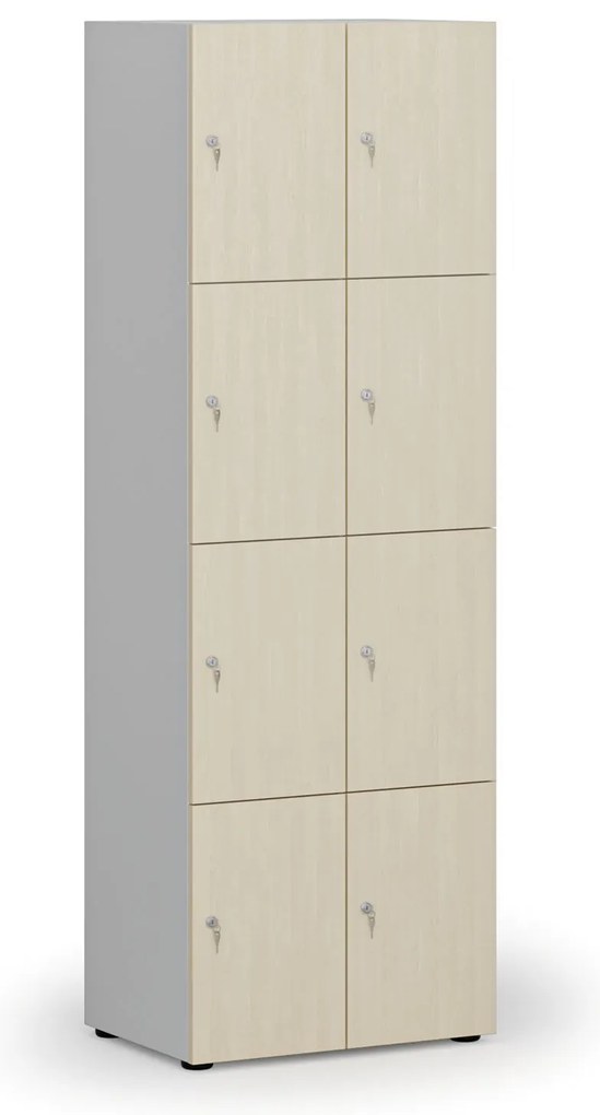 Drevená šatníková skrinka S4 s úložnými boxmi, 8 boxov, demont, cylindrický zámok, sivá/breza