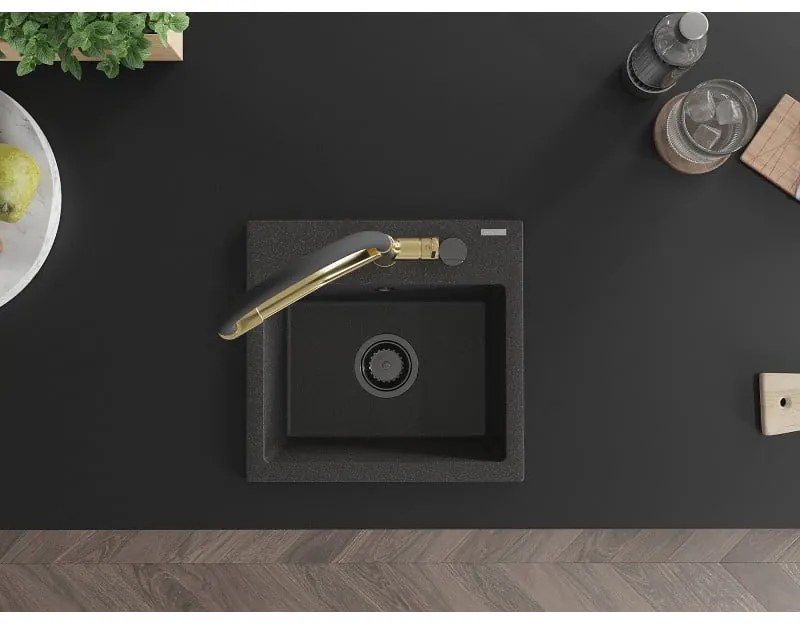 Mexen Milo, granitový drez 435x410x171 mm, 1-komorový a drezová batéria Duo, čierna škvrnitá, 6505-76-671701-57-B