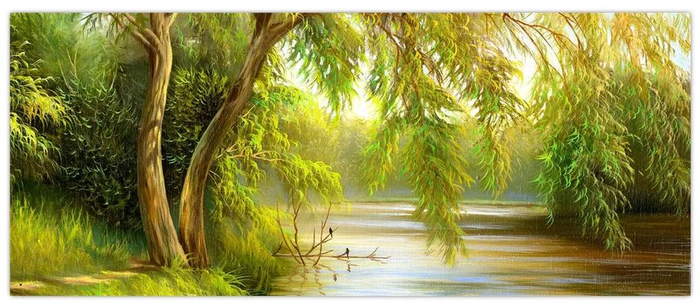 Obraz - Vŕba pri jazere, olejomaľba (120x50 cm)