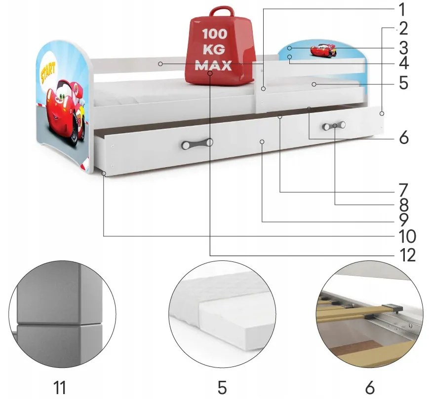 BMS Group LUKI Jednolôžková detská posteľ 160 x 80cm grafit Tommy