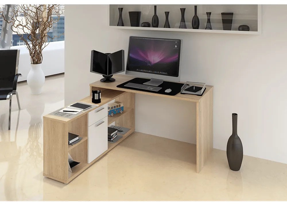 Rohový PC stolík Norrix MT959 (dub sonoma + biela). Vlastná spoľahlivá doprava až k Vám domov. 779225