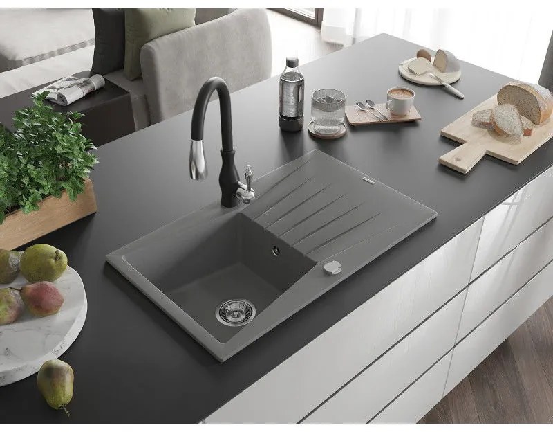 Mexen Cesar, 1-komorový granitový drez 775x470x190 mm a drezová batéria Savita, šedá, 6514-71-672601-70