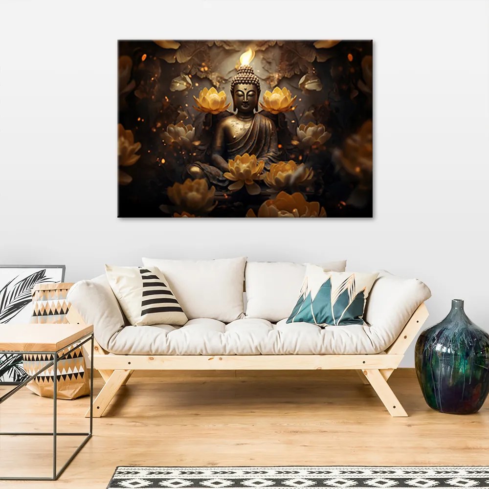 Gario Obraz na plátne Zlatý Budha a lotosové kvety Rozmery: 120 x 80 cm