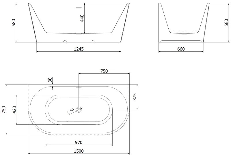 Mexen Oris, voľne stojaca ryhovaná vaňa 150 x 75 cm, biela-čierna, zlatý matný prepad, 52871507575-55