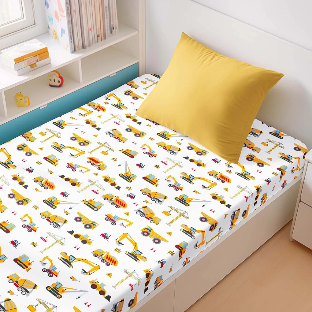 Goldea detská bavlnená napínacia plachta - nákladné autá a bagre 160 x 200 cm