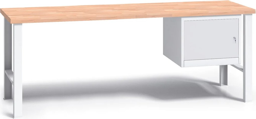 Pracovný stôl do dielne G3 so závesnou skrinkou na náradie, buková škárovka, pevné kovové nohy, 2000 mm, sivá