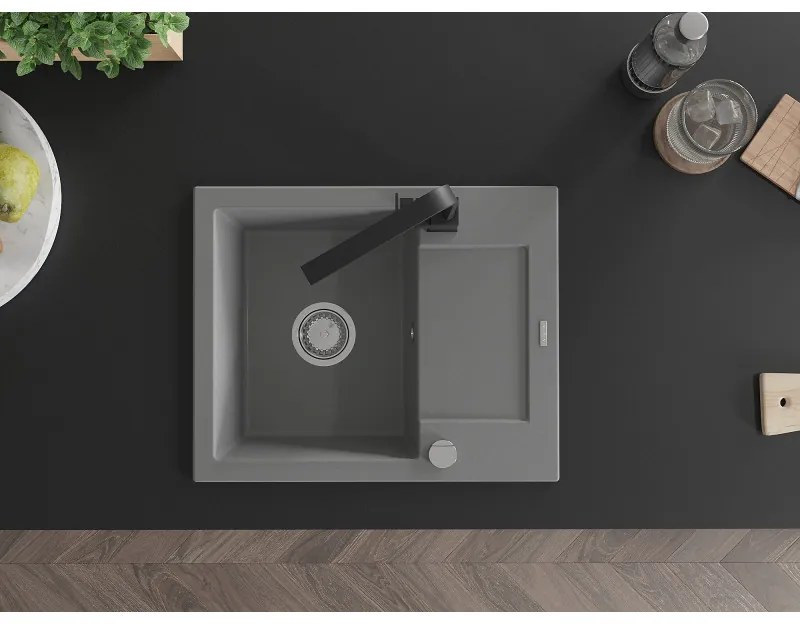 Mexen Enzo, granitový drez 576x465x174 mm, 1-komorový a čierna batéria Rita, šedá, 6506-71-670300-70