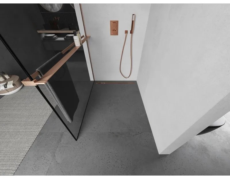 Mexen Kioto+ L, sprchová zástena Walk-In s poličkou a vešiakom 120 x 200 cm, 8mm číre sklo čierny vzor, medený matný profil, 800-120-123-65-70