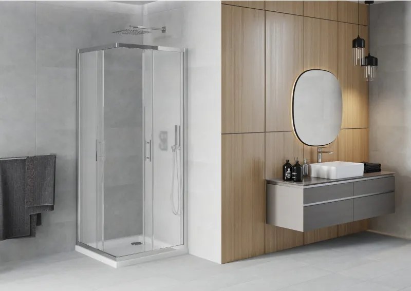 Mexen Rio štvorcový sprchovací kút 90 x 90 cm, 6mm sklo, sklo námraza, chrómový profil + slim sprchová vanička 5cm, 860-090-090-01-30-4010
