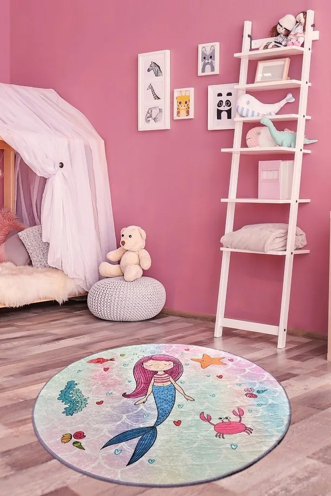 Detský okrúhly koberec Morská panna 140 cm ružová/modrá