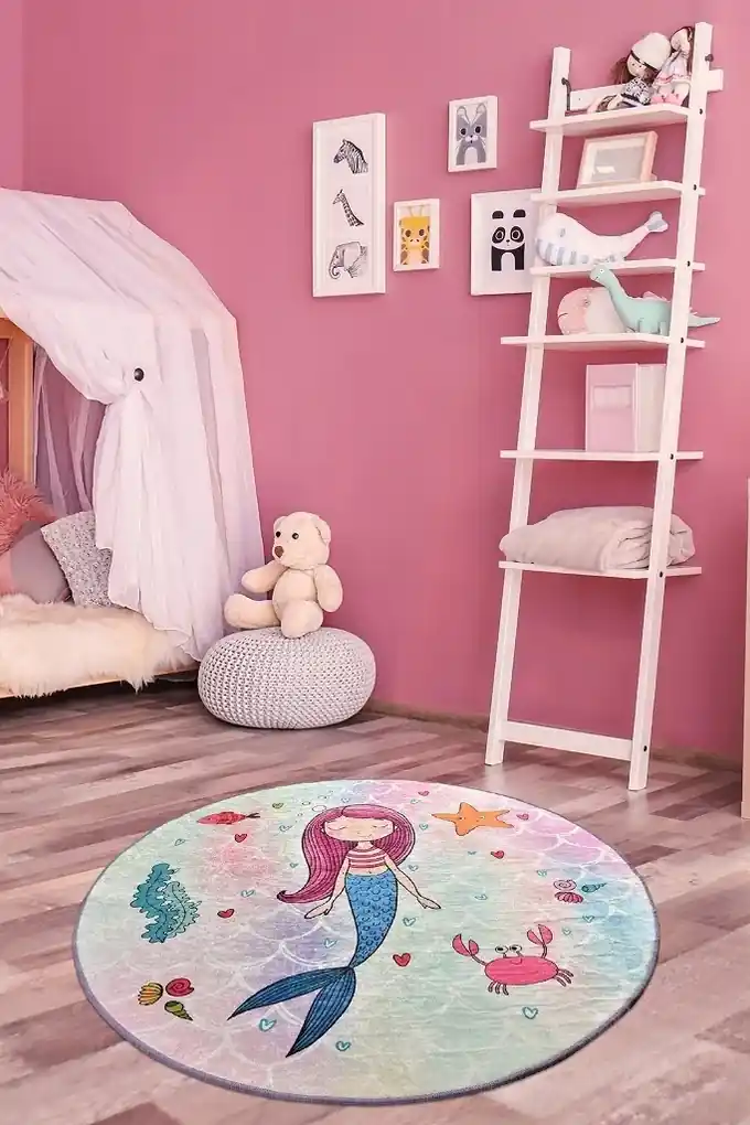 Detský okrúhly koberec Morská panna 140 cm ružová/modrá | BIANO