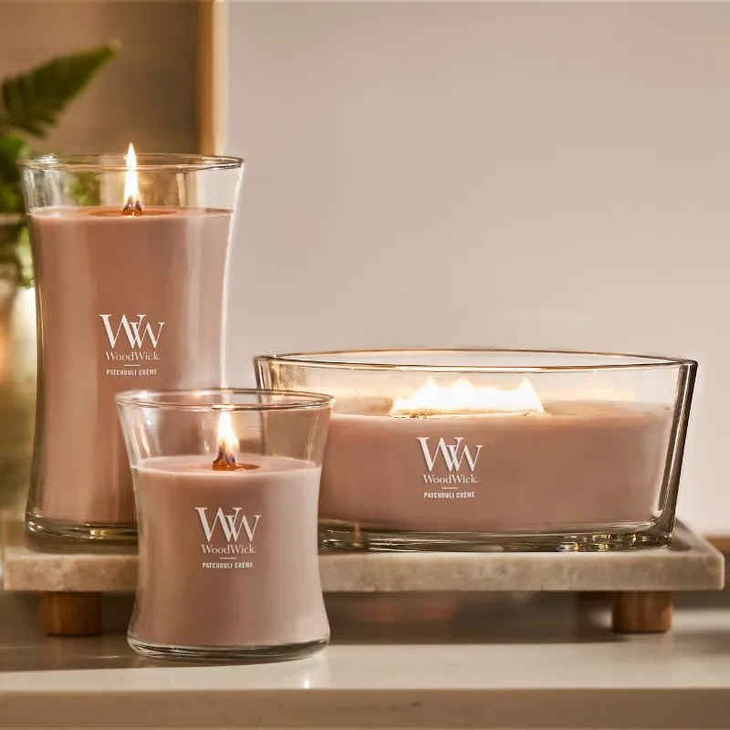 WoodWick Vonná sviečka váza veľká Patchouli Creme, 609 g