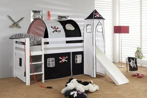 Detská vyvýšená posteľ so šmýkačkou PIRÁTI bieločierna - BIELA