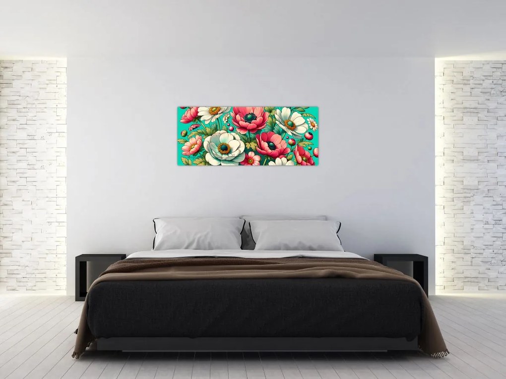 Obraz - Kvety na modrom pozadí (120x50 cm)
