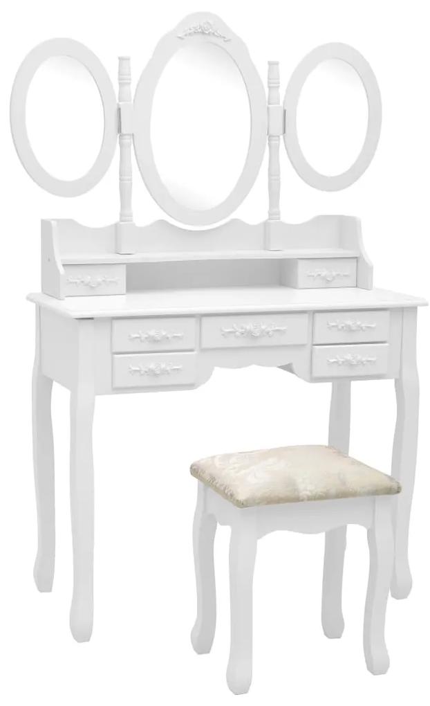 vidaXL Toaletný stolík so stoličkou a 3-dielnym zrkadlom biely