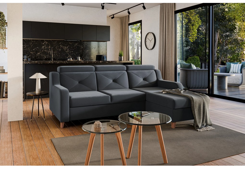 Rohová sedačka Laksaro s rozkladom pravostranná - sivý zamat Jasmine 96