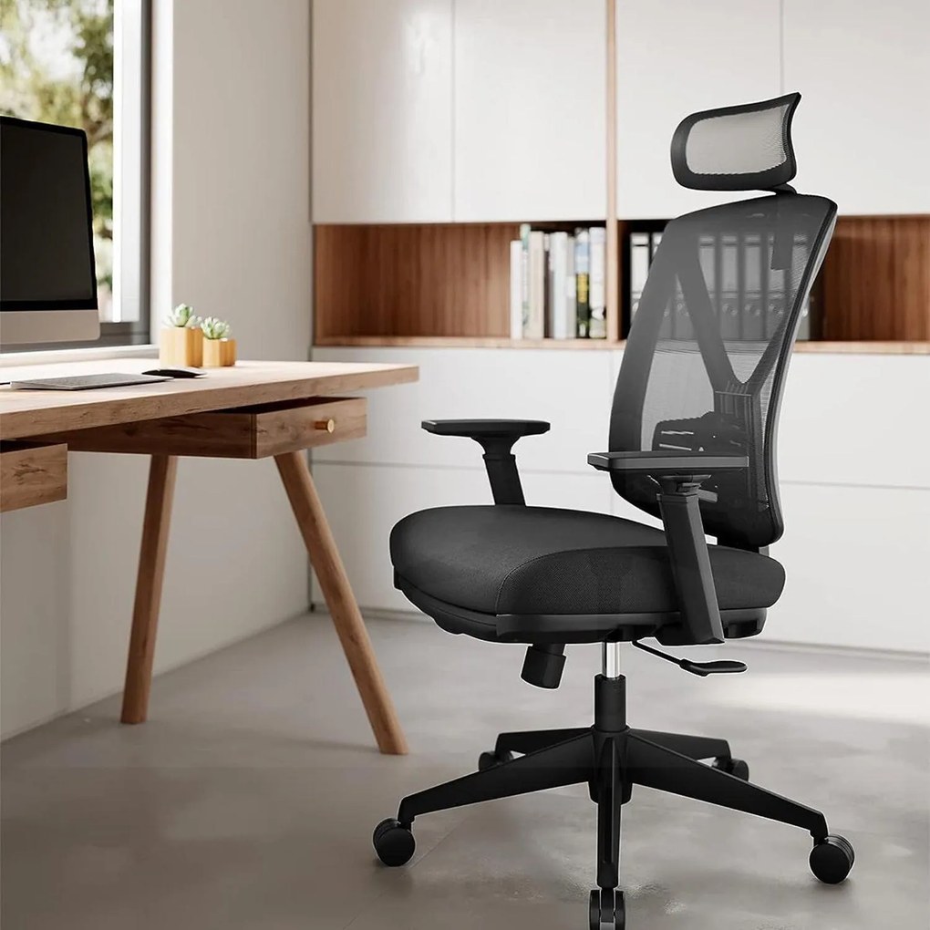 Ergonomická kancelárska stolička s podnožkou, max. nosnosť 150 kg, čierna