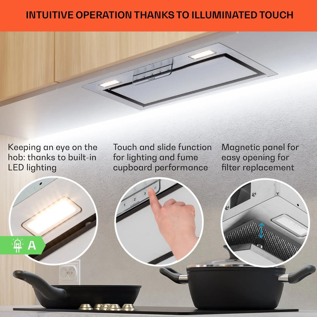 Klarstein Camila, vstavaný digestor, 52 cm, 397 m³/h, LED, dotyková plocha, nehrdzavejúca oceľ