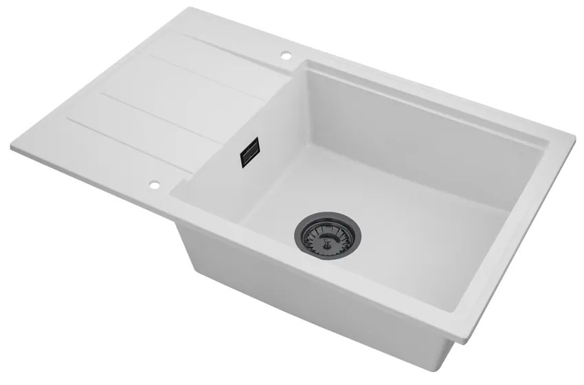 Sink Quality Ferrum New 8010, 1-komorový granitový drez 800x500x210 mm + grafitový sifón, biela, SKQ-FER.8010.WH.XB