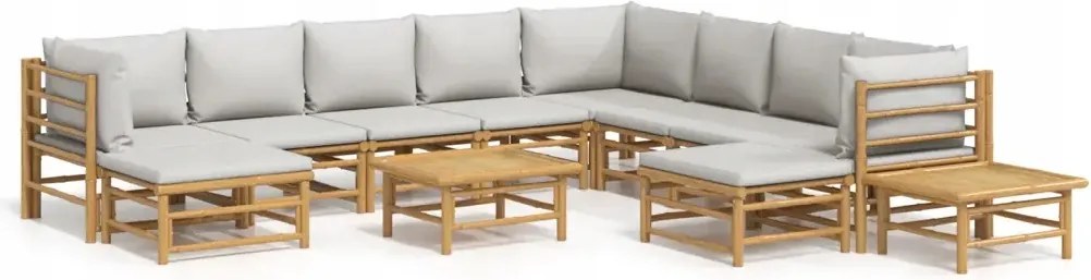 vidaXL 12-dielna sada záhradného nábytku, svetlošedé vankúše, bambus