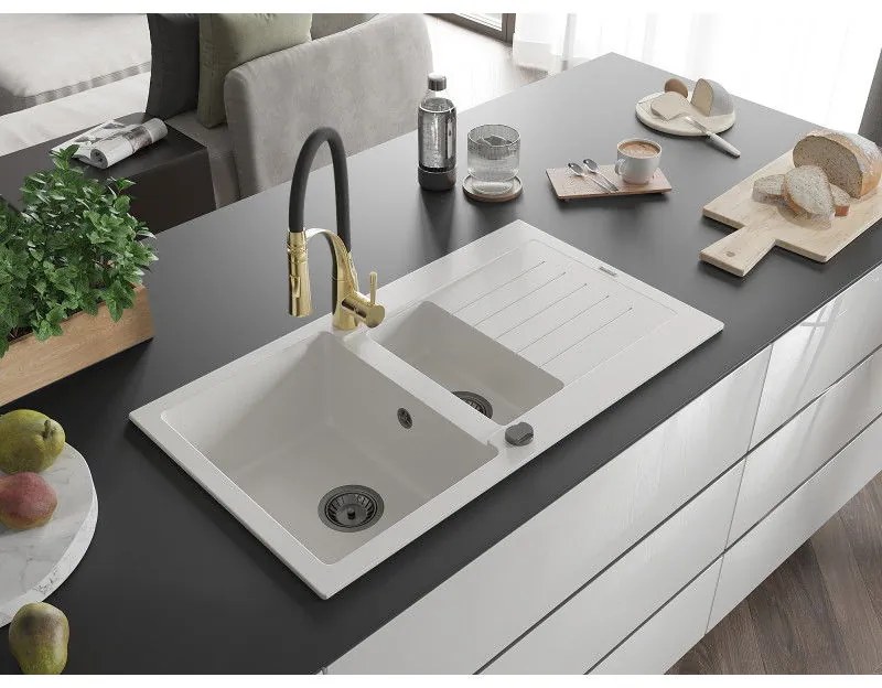 Mexen Matias, granitový drez 900x505x200 mm, 1,5-komorový a drezová batéria Aster, biela, 6502-20-73450-57-B