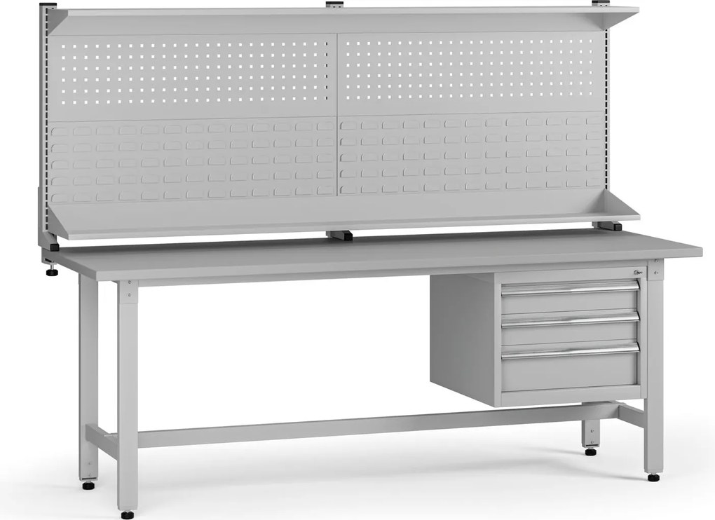 Výškovo nastaviteľný dielenský stôl G5 s nadstavbou, 2100 x 750 x 800-1000 mm, 1x kontajner, 3 zásuvky, sivá