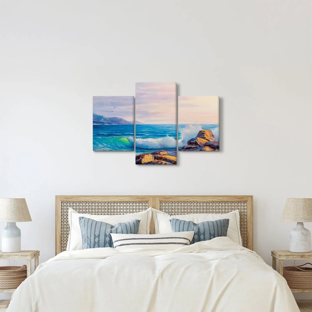 Obraz vĺn narážajúcich na útesy, olejomaľba (90x60 cm)
