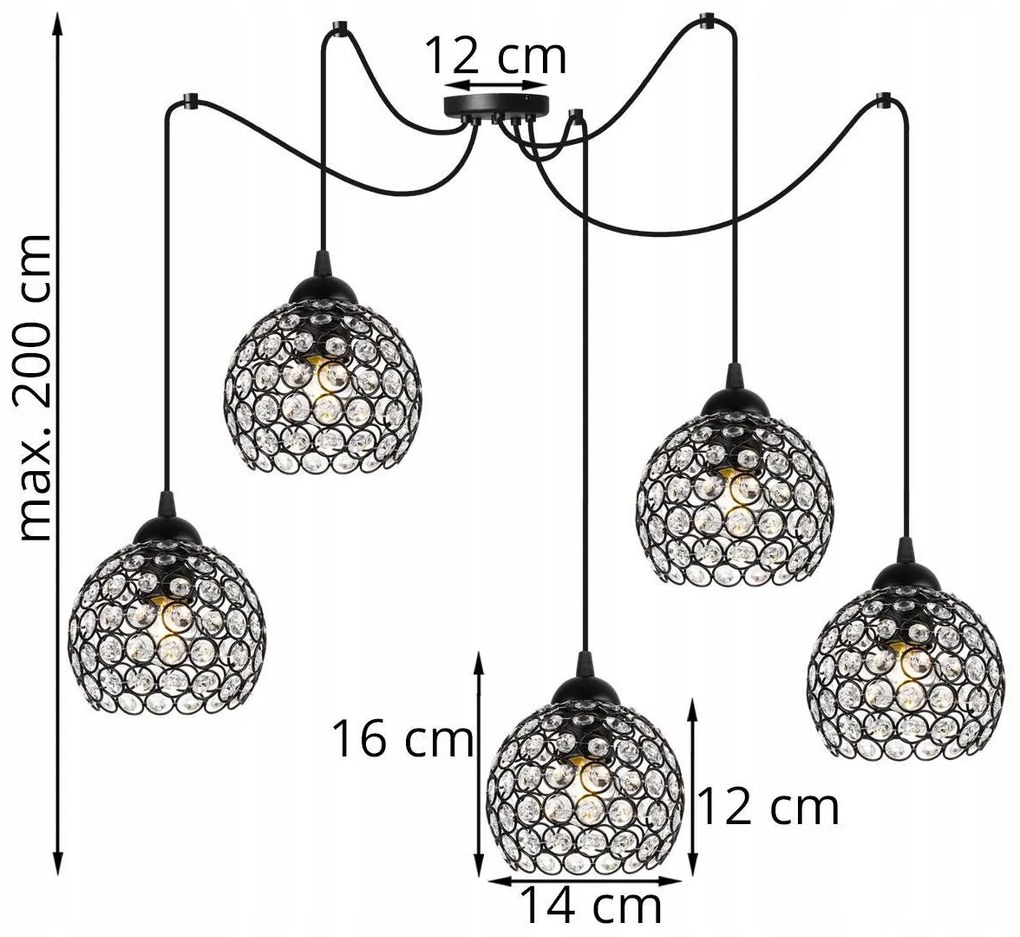 Závesné svietidlo CRYSTAL SPIDER, 5x čierne krištáľové tienidlo