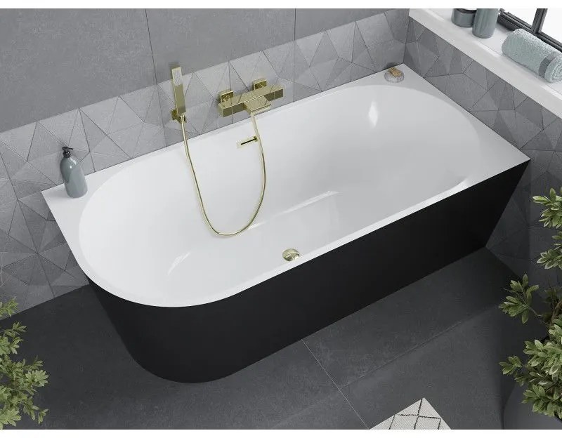 Mexen Mia, voľne stojaca rohová vaňa, pravá, 160 x 75 cm, biela-čierna, zlatý lesklý prepad, 52691607575P-50