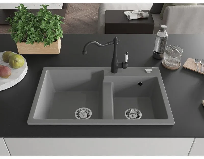 Mexen Tomas, granitový drez 800x500x190 mm, 2-komorový a drezová batéria Carla, šedá, 6516-71-670700-70