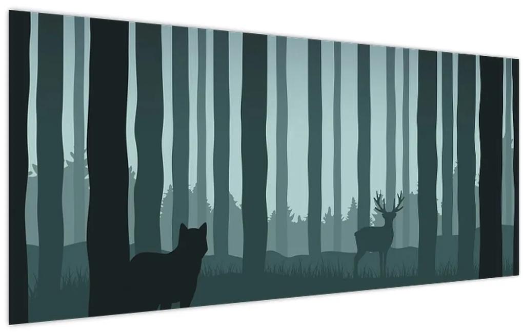Obraz - Jeleň s vlkom v skalách (120x50 cm)
