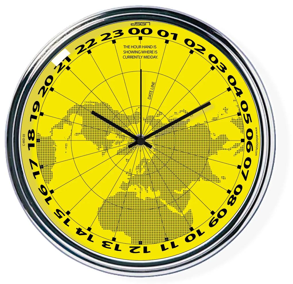 Žlté hodiny s chodom 24h ukazujúce na mape, kde je práve poludnie | atelierDSGN