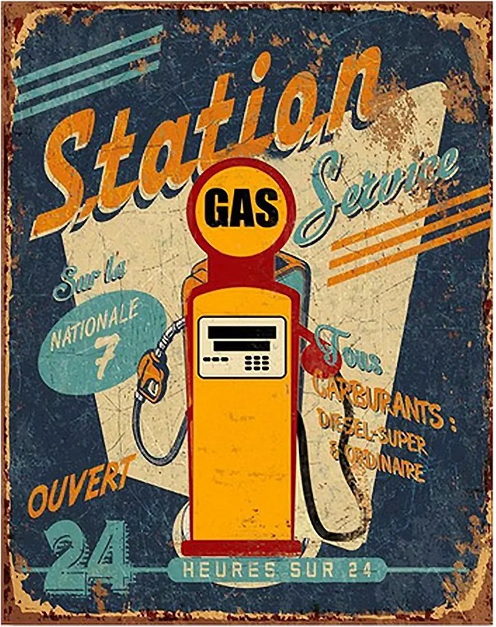 Modrá nástenná ceduľa Station Gas - 25*1*33 cm