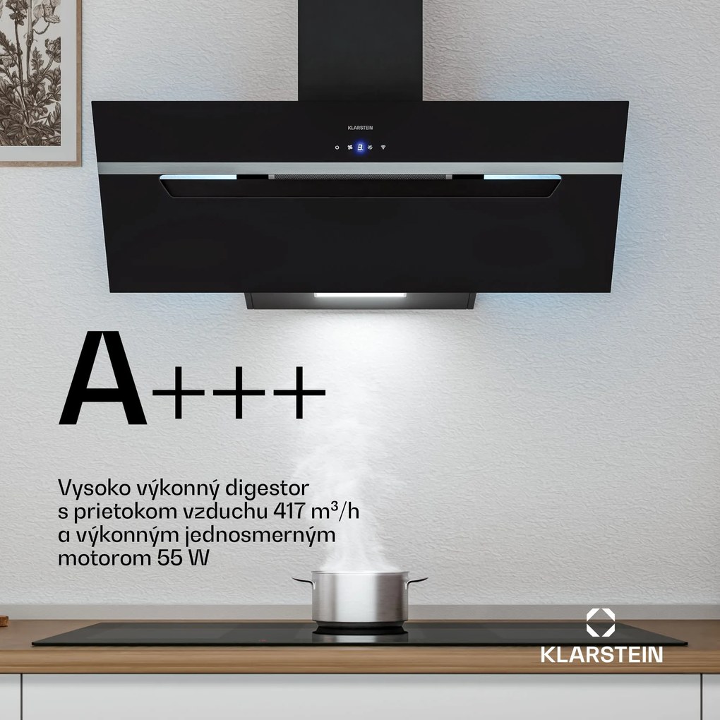 Klarstein BigBite šikmý digestor | režim odsávania vzduchu a recirkulácie | bezpečnostné sklo | 417 m³/h | 90 cm