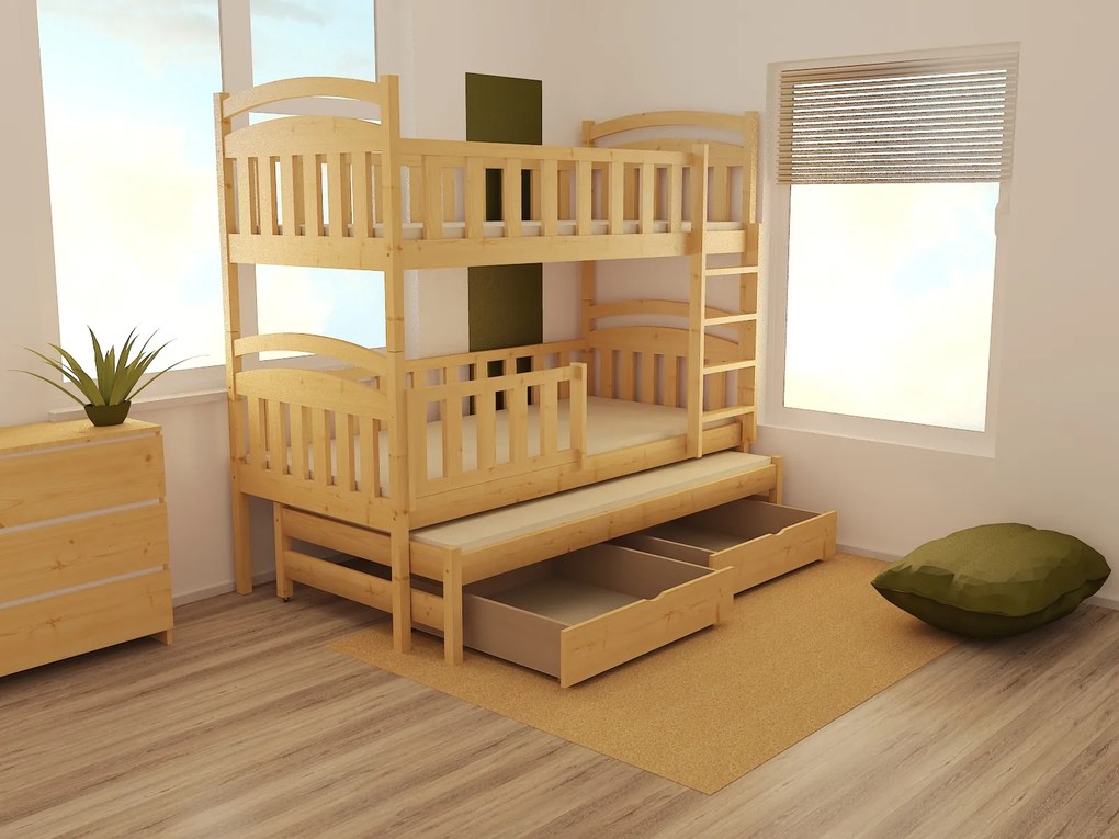 MAXMAX Detská poschodová posteľ s prístelkou z MASÍVU 200x90cm so zásuvkou - PPV014
