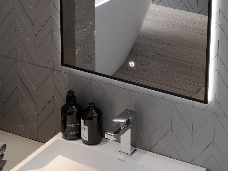 Mexen Erma, LED kúpeľňové zrkadlo s podsvietením a čiernym rámom 80x60 cm, 6000K, ochrana proti zahmlievaniu, 9814-080-060-611-70