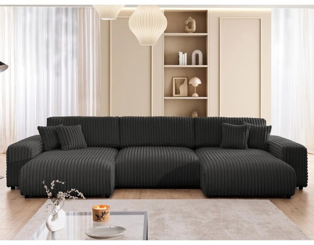 Tmavosivá menčestrová rozkladacia/s úložným priestorom rohová pohovka (do tvaru "U") Sarina – Ropez