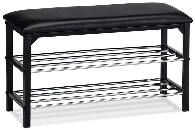 Botník / taburet, 2 police, potah černá ekokůže, kov - černý matný lak a chrom