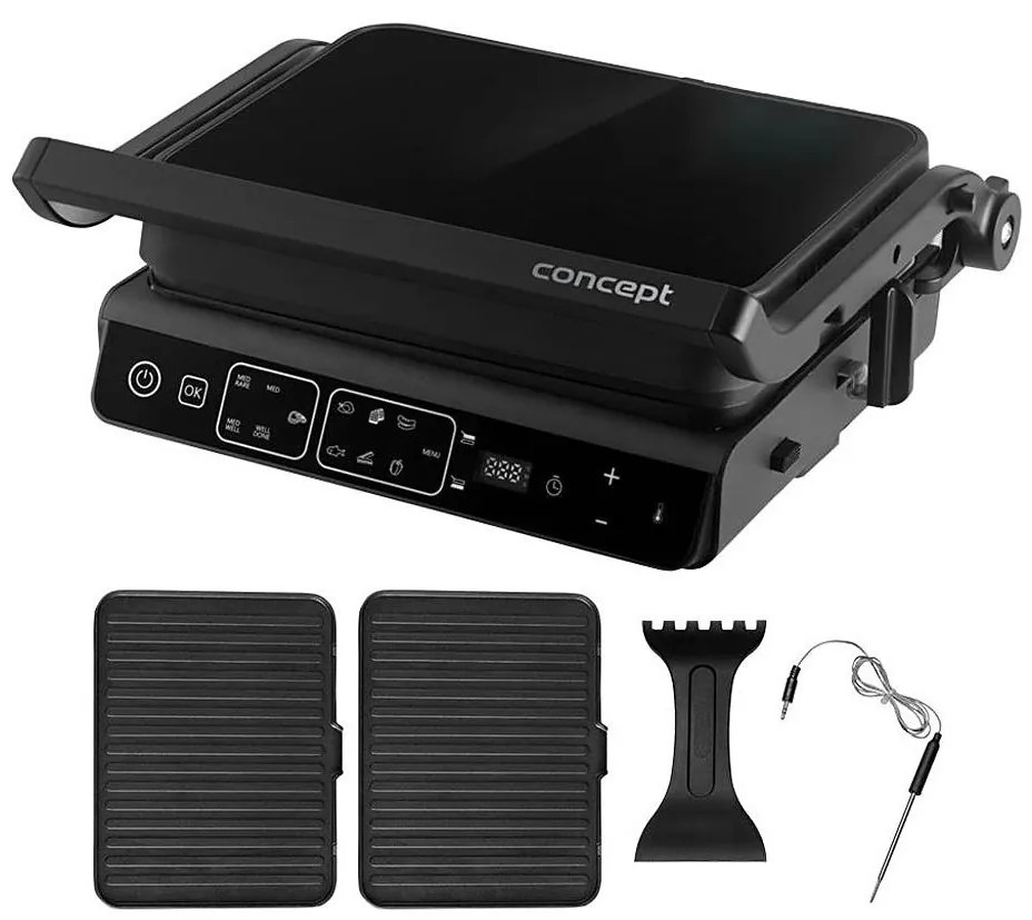 Concept ge3600 - Kontaktný gril s teplotnou sondou GLASS 2000W/230V čierny