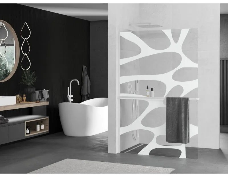 Mexen Kioto+ L, sprchová zástena Walk-In s poličkou a vešiakom 70 x 200 cm, 8mm číre sklo biely vzor, biely profil, 800-070-123-20-97