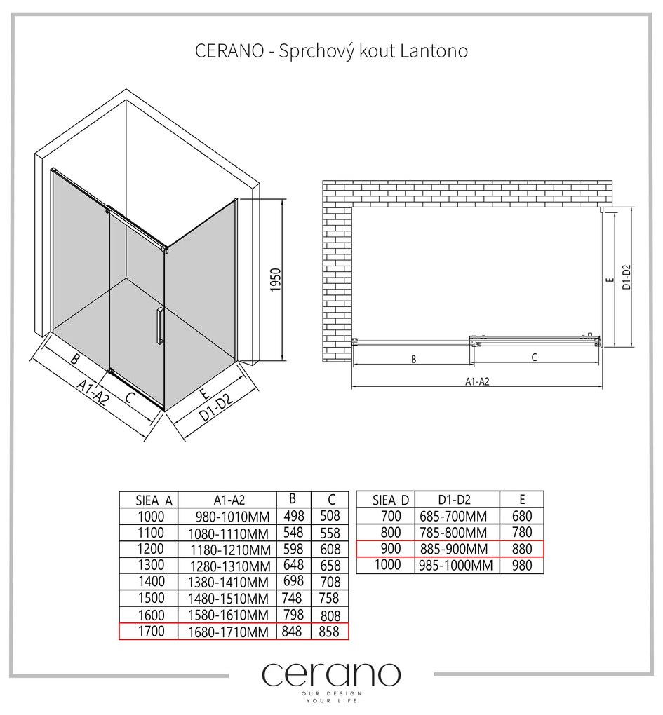Cerano Lantono, sprchovací kút s posuvnými dverami 170(dvere) x 90(stena) x 195 cm, 8mm číre sklo, čierny profil, CER-CER-433232