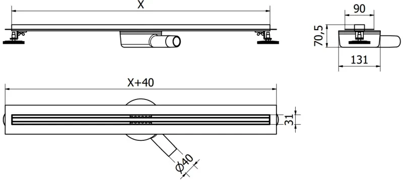 MEXEN Flat nerezový sprchový žľab s rotačným 360° sifónom 160 cm, vzor SLIM, čierna matná, 1741160