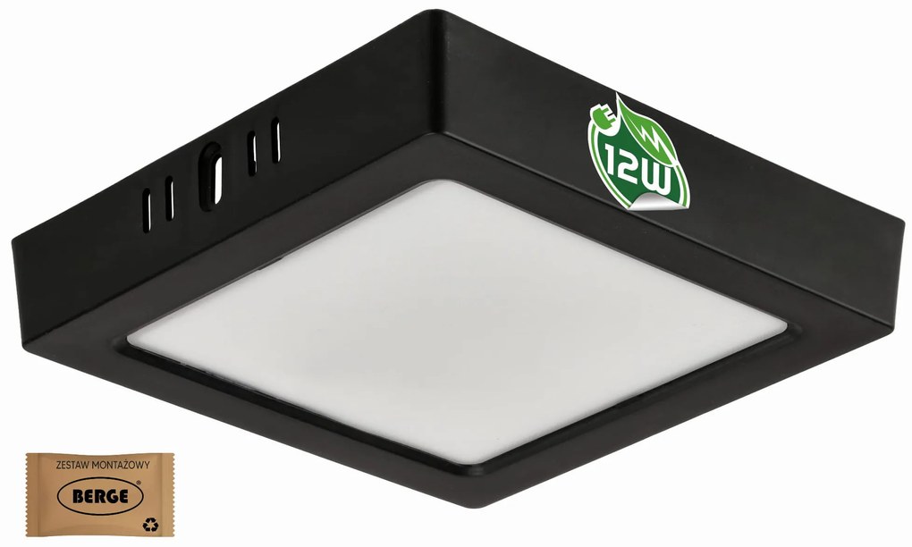 BERGE Štvorcový LED panel prisadený - čierny - 12W - PC - neutrálna biela