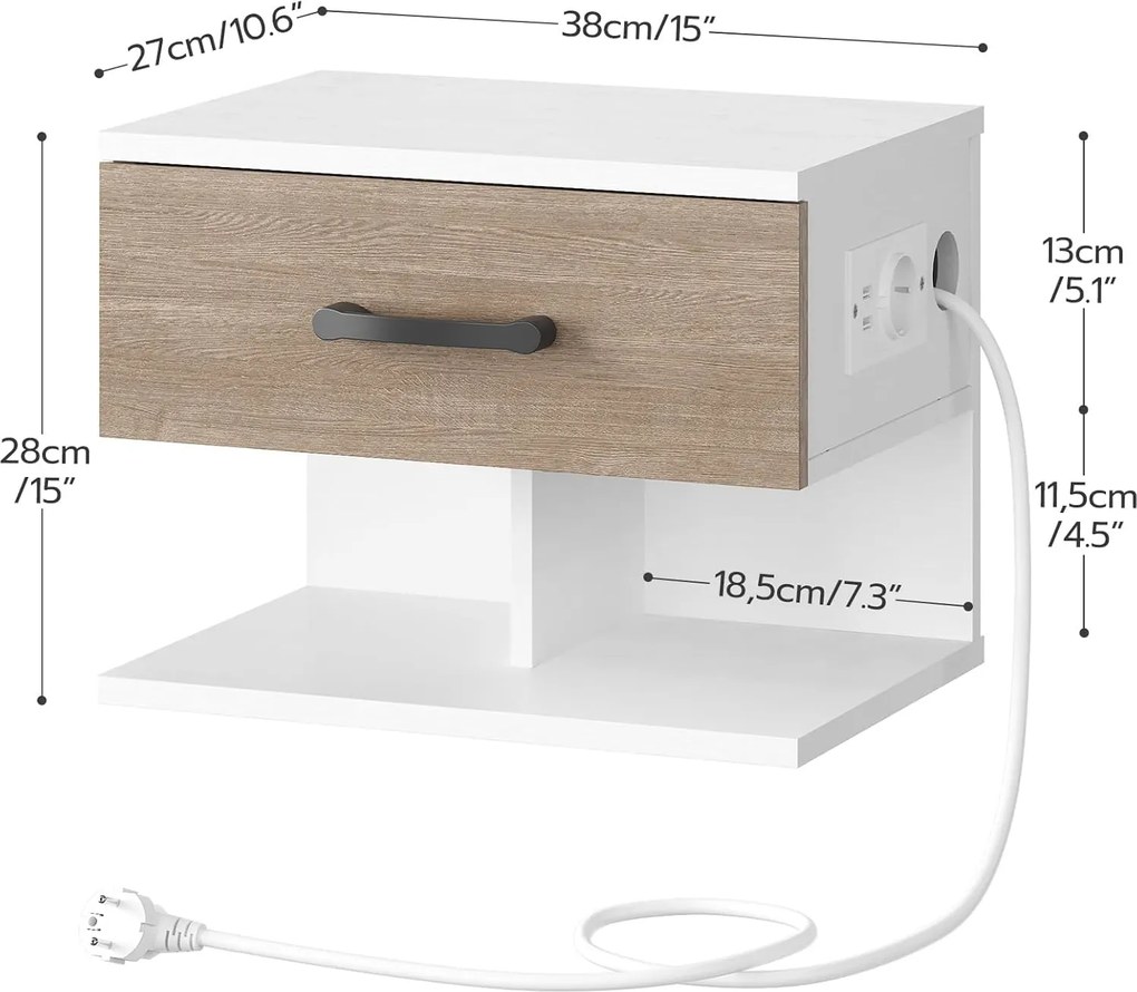Závesný nočný stolík Verimi s nabíjacou stanicou 38 cm biely/hnedý